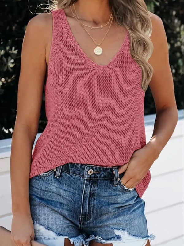 Kadın Kolsuz V Yaka Kalın Askılı Triko Bluz, 16253